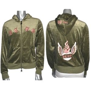 BCBG Green Velour Flaming Heart Embroidered Hoodie